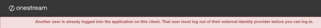The global home page has a black banner at the top with the OneStream logo. The error message has a pink background with red text.